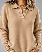 Women's Knitted Polo Jumper with Button Placket and Dropped Shoulders