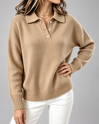 Women's Knitted Polo Jumper with Button Placket and Dropped Shoulders