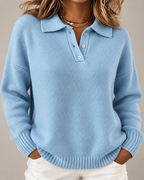 Women's Knitted Polo Jumper with Button Placket and Dropped Shoulders