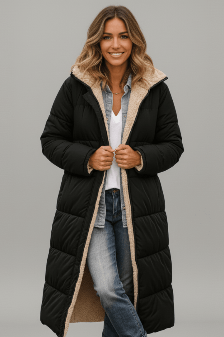 Women's Longline Quilted Puffer Coat with Hood and Sherpa Lining