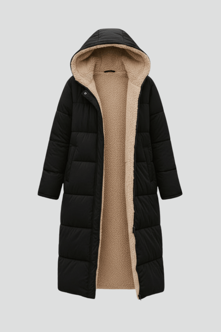 Women's Longline Quilted Puffer Coat with Hood and Sherpa Lining