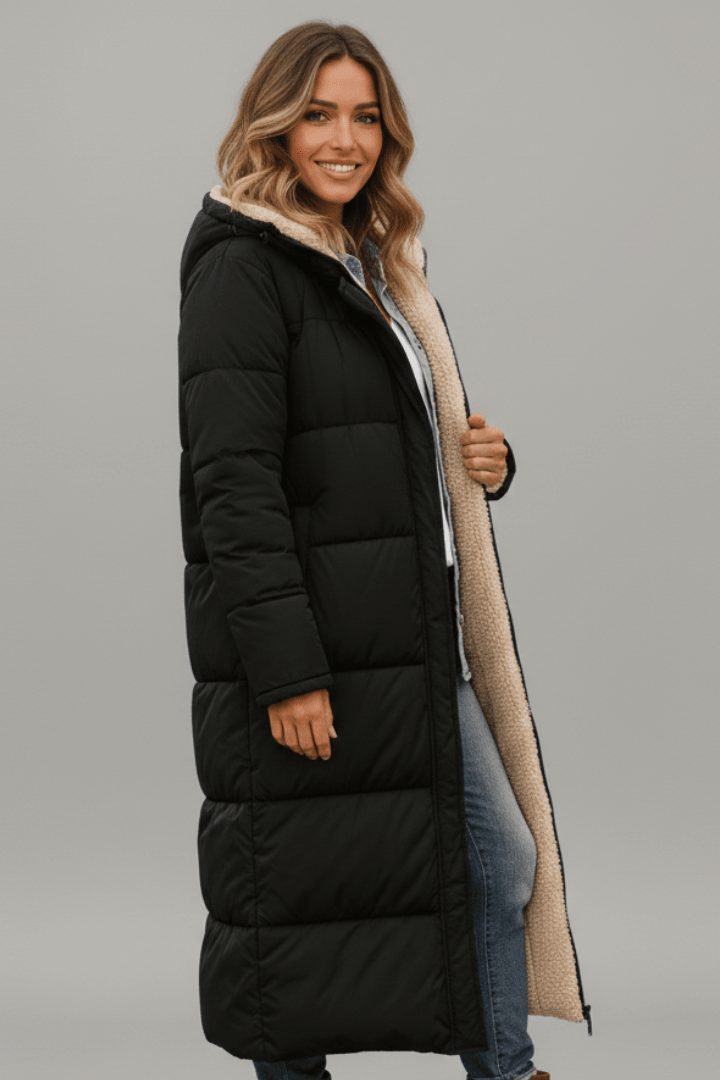 Women's Longline Quilted Puffer Coat with Hood and Sherpa Lining