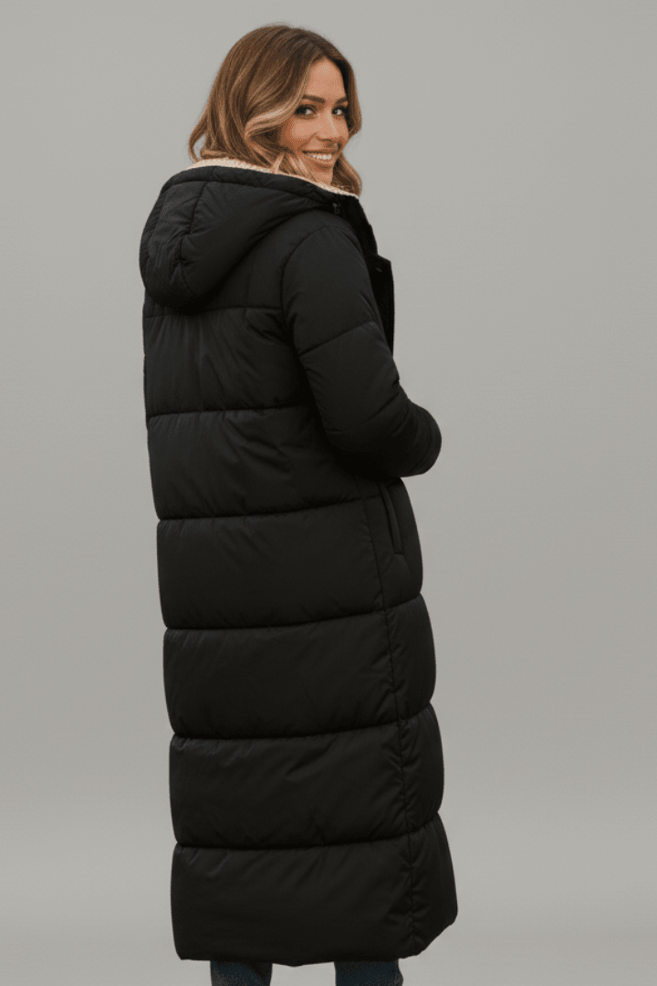 Women's Longline Quilted Puffer Coat with Hood and Sherpa Lining