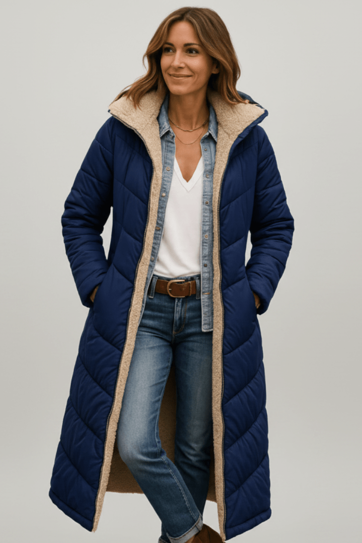 Women's Longline Quilted Puffer Coat with Hood and Sherpa Lining