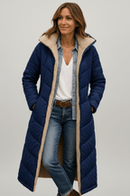 Women's Longline Quilted Puffer Coat with Hood and Sherpa Lining