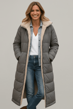 Women's Longline Quilted Puffer Coat with Hood and Sherpa Lining
