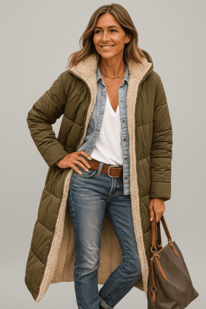 Women's Longline Quilted Puffer Coat with Hood and Sherpa Lining