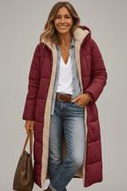Women's Longline Quilted Puffer Coat with Hood and Sherpa Lining