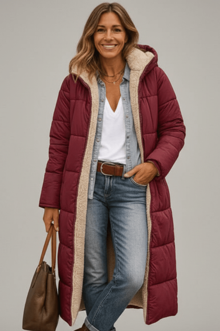 Women's Longline Quilted Puffer Coat with Hood and Sherpa Lining