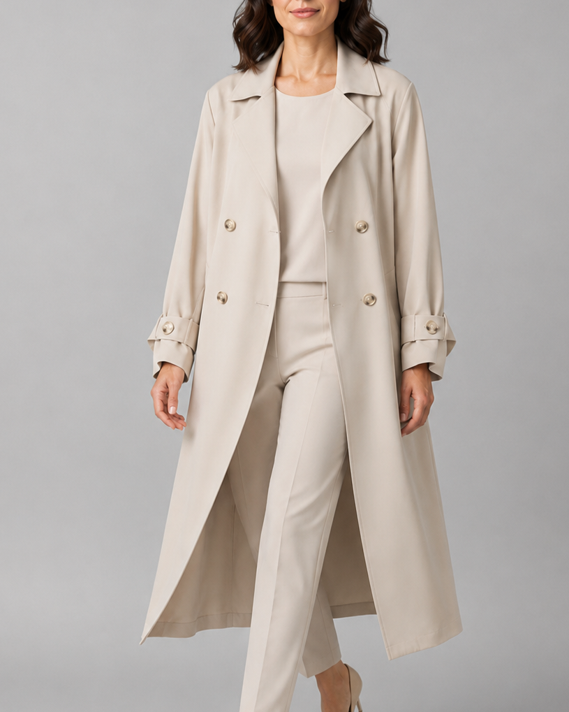 Women's Long Double Breasted Trench Coat with Lapel Collar