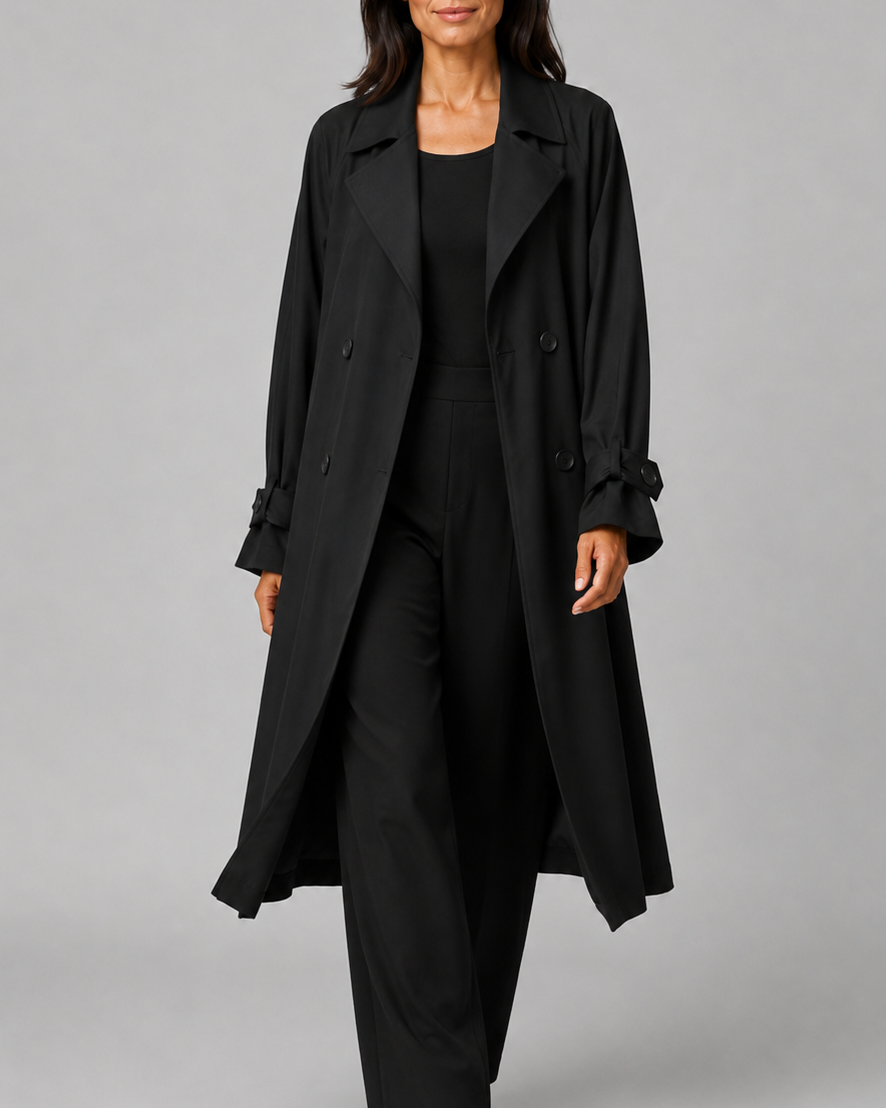 Women's Long Double Breasted Trench Coat with Lapel Collar