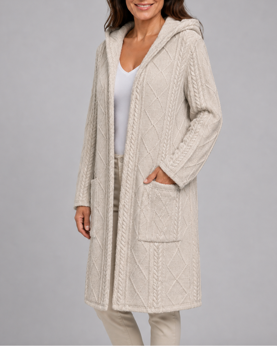 Women's Long Hooded Open Front Cable Knit Cardigan with Pockets