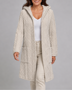 Women's Long Hooded Open Front Cable Knit Cardigan with Pockets