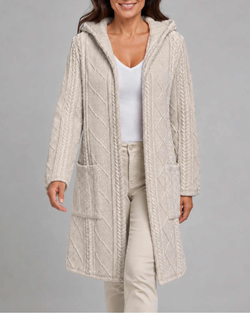 Women's Long Hooded Open Front Cable Knit Cardigan with Pockets