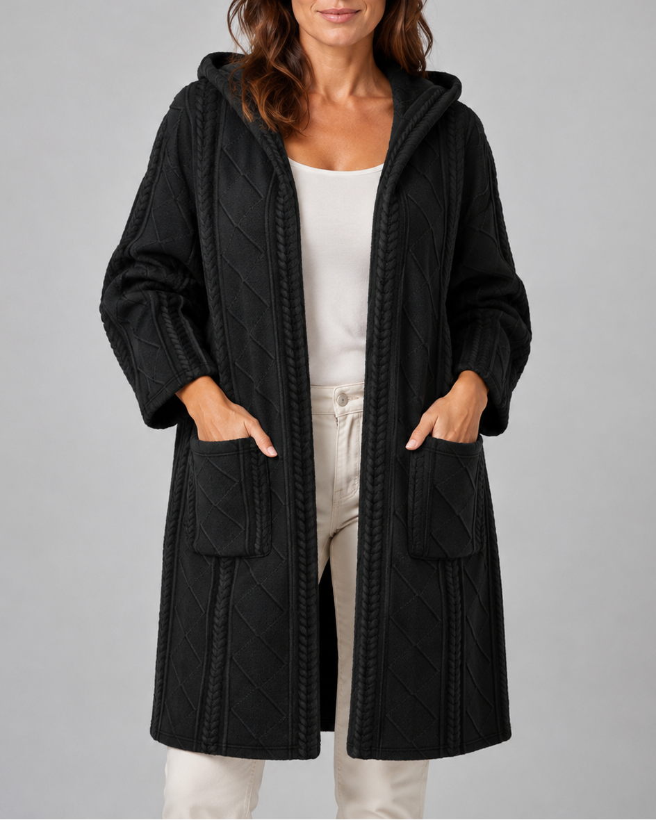 Women's Long Hooded Open Front Cable Knit Cardigan with Pockets