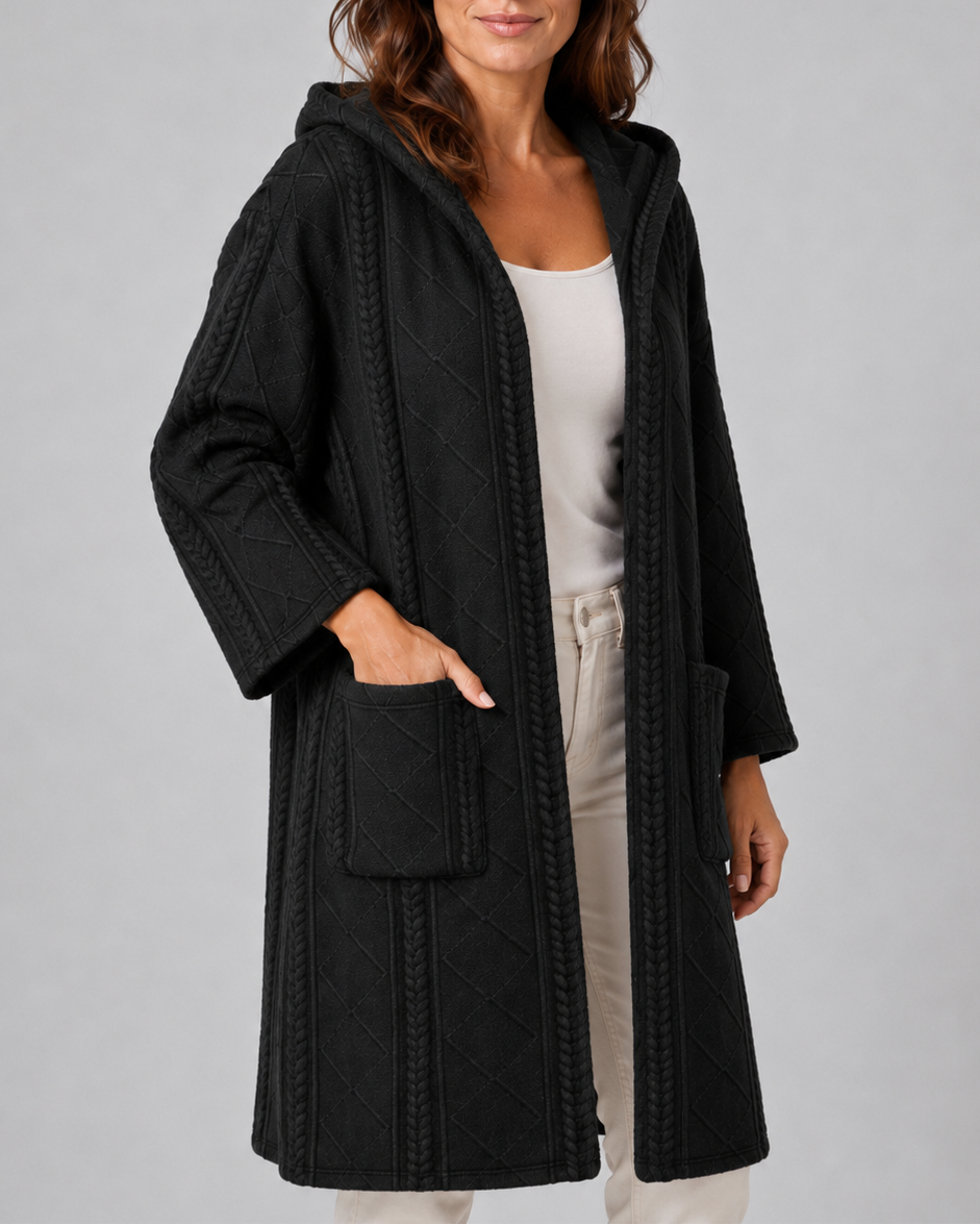 Women's Long Hooded Open Front Cable Knit Cardigan with Pockets