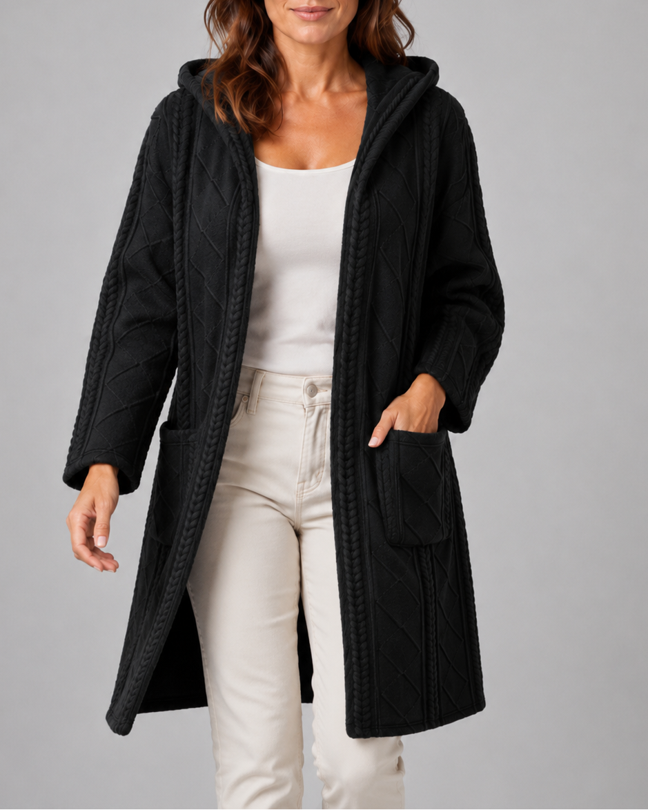 Women's Long Hooded Open Front Cable Knit Cardigan with Pockets