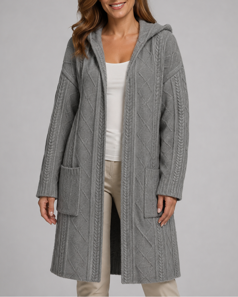 Women's Long Hooded Open Front Cable Knit Cardigan with Pockets