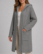 Women's Long Hooded Open Front Cable Knit Cardigan with Pockets