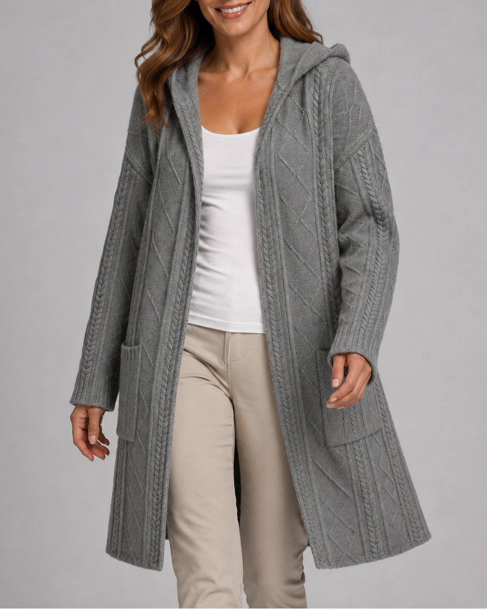 Women's Long Hooded Open Front Cable Knit Cardigan with Pockets