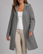 Women's Long Hooded Open Front Cable Knit Cardigan with Pockets