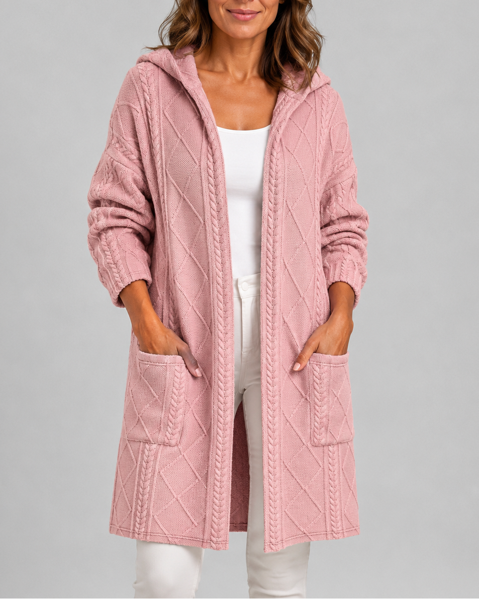 Women's Long Hooded Open Front Cable Knit Cardigan with Pockets