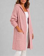 Women's Long Hooded Open Front Cable Knit Cardigan with Pockets