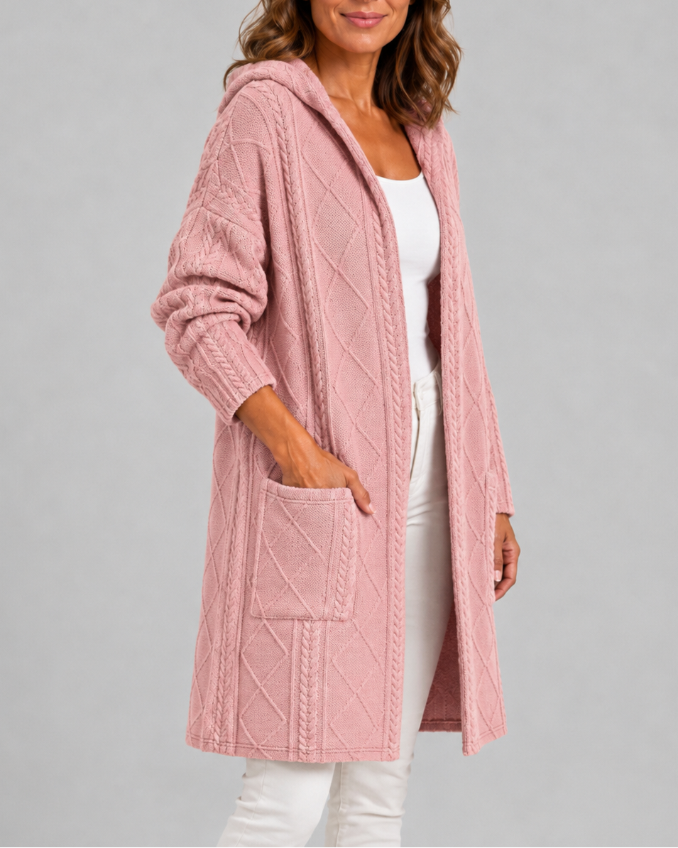 Women's Long Hooded Open Front Cable Knit Cardigan with Pockets