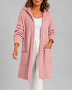 Women's Long Hooded Open Front Cable Knit Cardigan with Pockets
