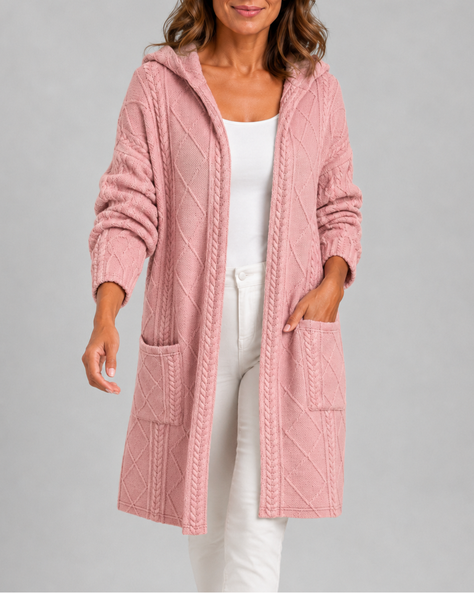 Women's Long Hooded Open Front Cable Knit Cardigan with Pockets