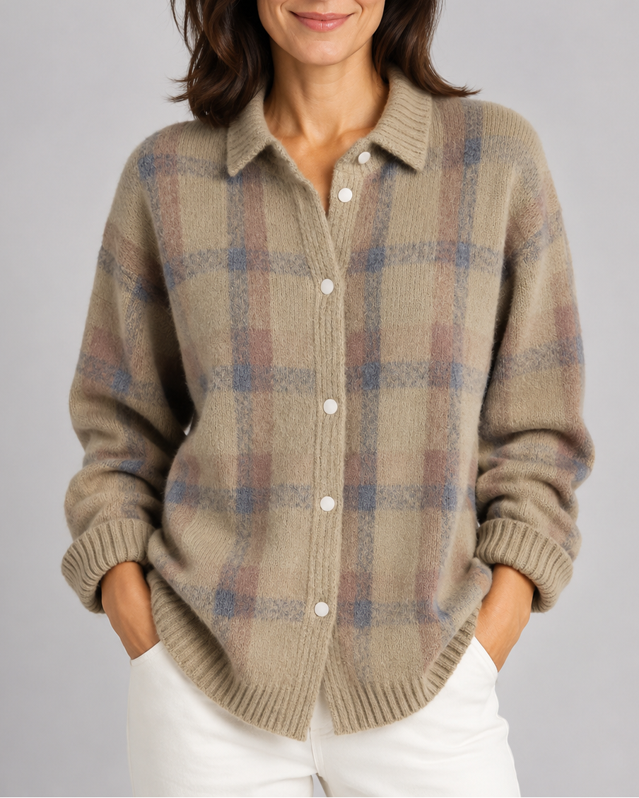 Women's Checked Knit Cardigan with Collar and Button Front