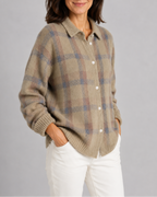Women's Checked Knit Cardigan with Collar and Button Front