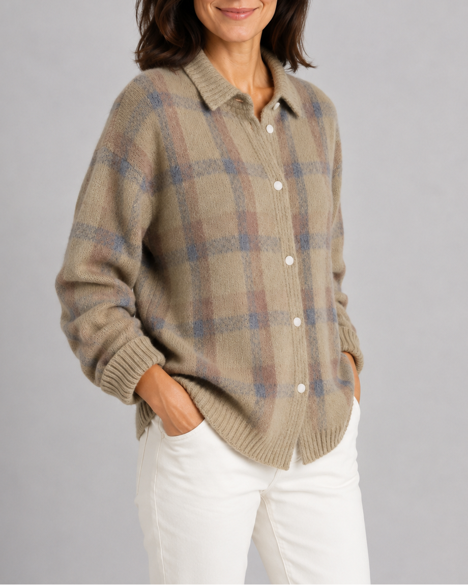 Women's Checked Knit Cardigan with Collar and Button Front
