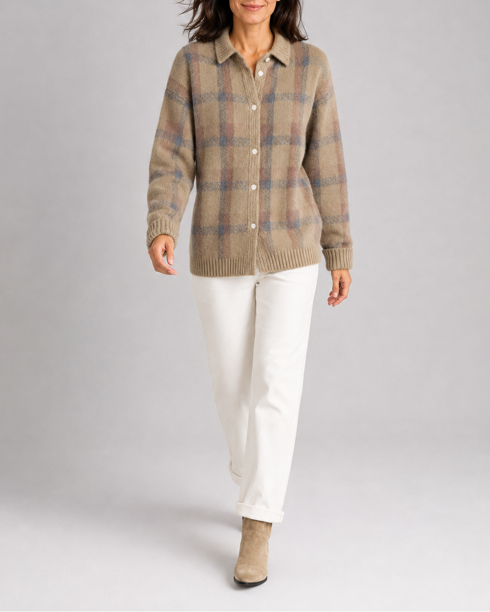 Women's Checked Knit Cardigan with Collar and Button Front