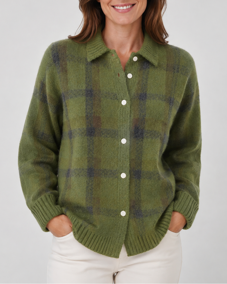Women's Checked Knit Cardigan with Collar and Button Front