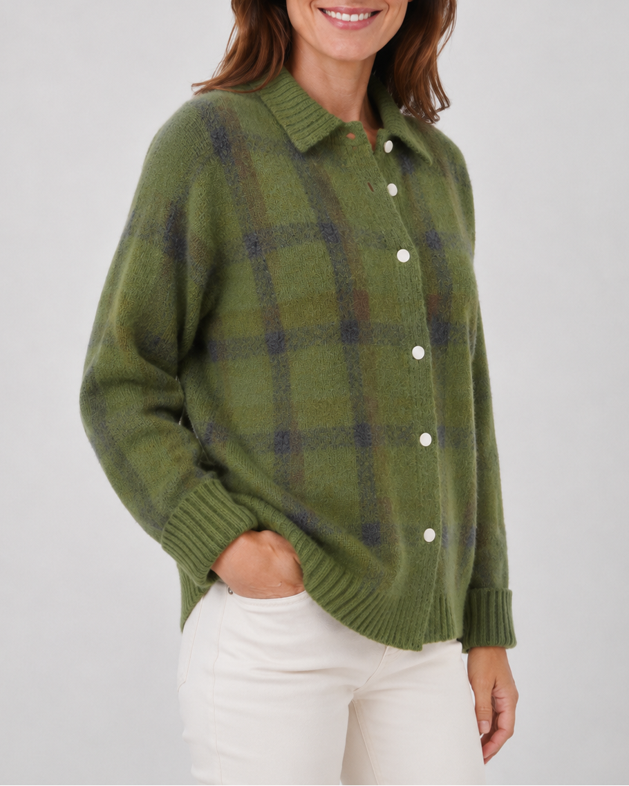 Women's Checked Knit Cardigan with Collar and Button Front