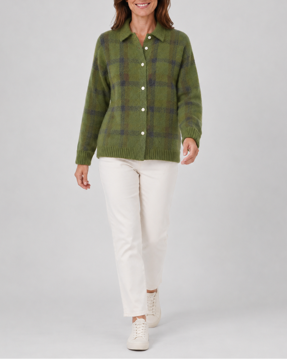 Women's Checked Knit Cardigan with Collar and Button Front