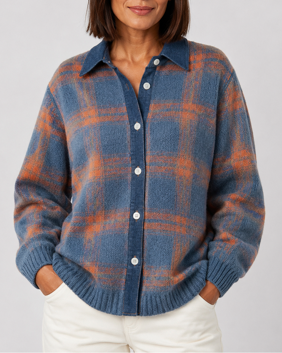 Women's Checked Knit Cardigan with Collar and Button Front