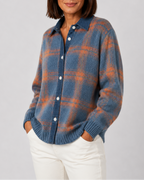 Women's Checked Knit Cardigan with Collar and Button Front