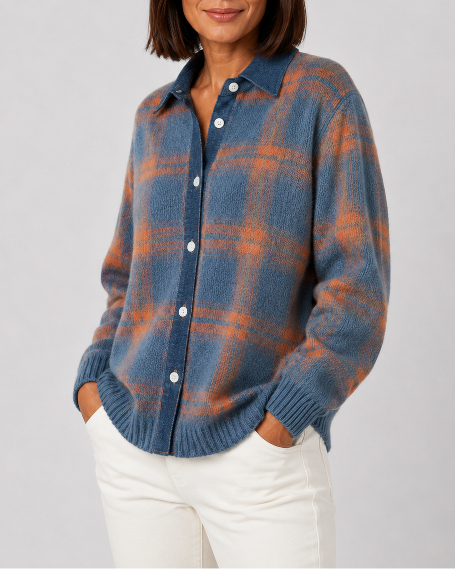Women's Checked Knit Cardigan with Collar and Button Front