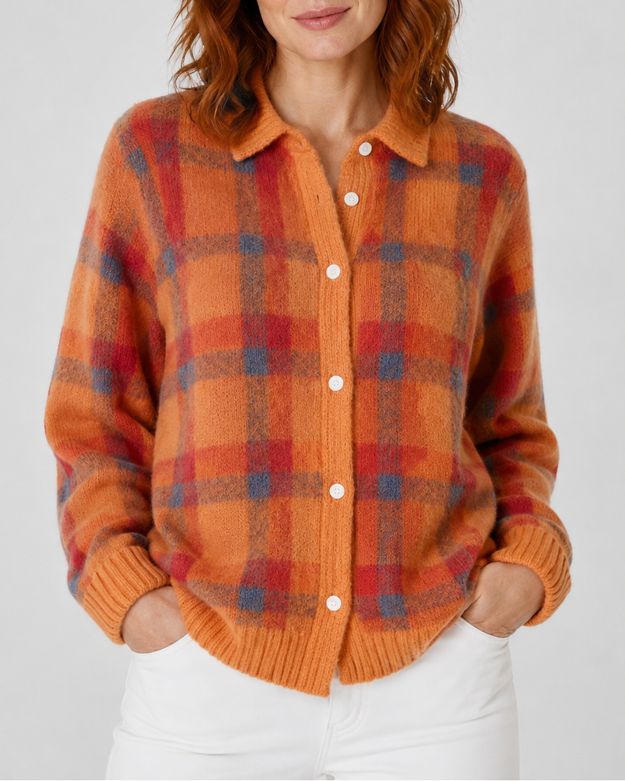 Women's Checked Knit Cardigan with Collar and Button Front