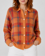 Women's Checked Knit Cardigan with Collar and Button Front
