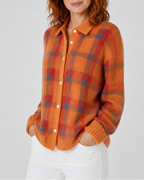 Women's Checked Knit Cardigan with Collar and Button Front