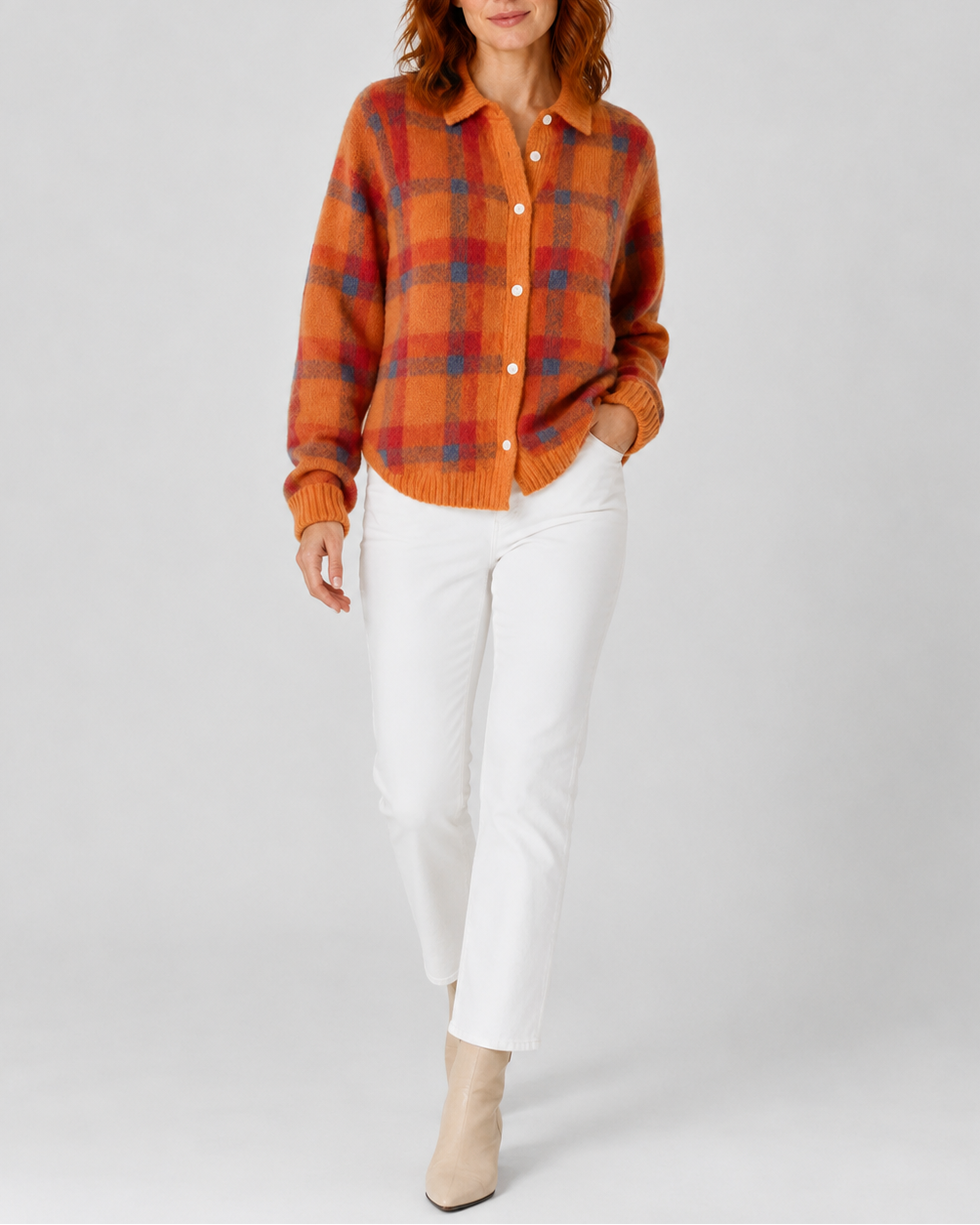 Women's Checked Knit Cardigan with Collar and Button Front