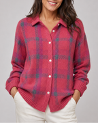 Women's Checked Knit Cardigan with Collar and Button Front