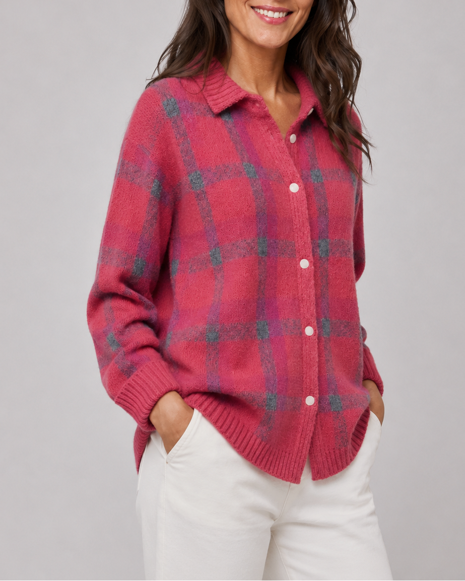 Women's Checked Knit Cardigan with Collar and Button Front