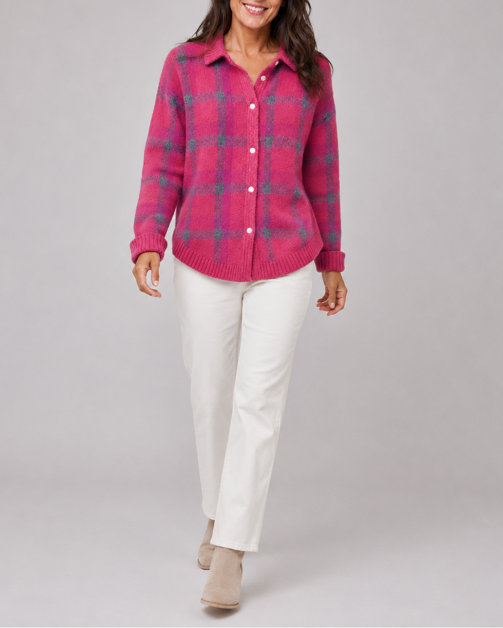 Women's Checked Knit Cardigan with Collar and Button Front