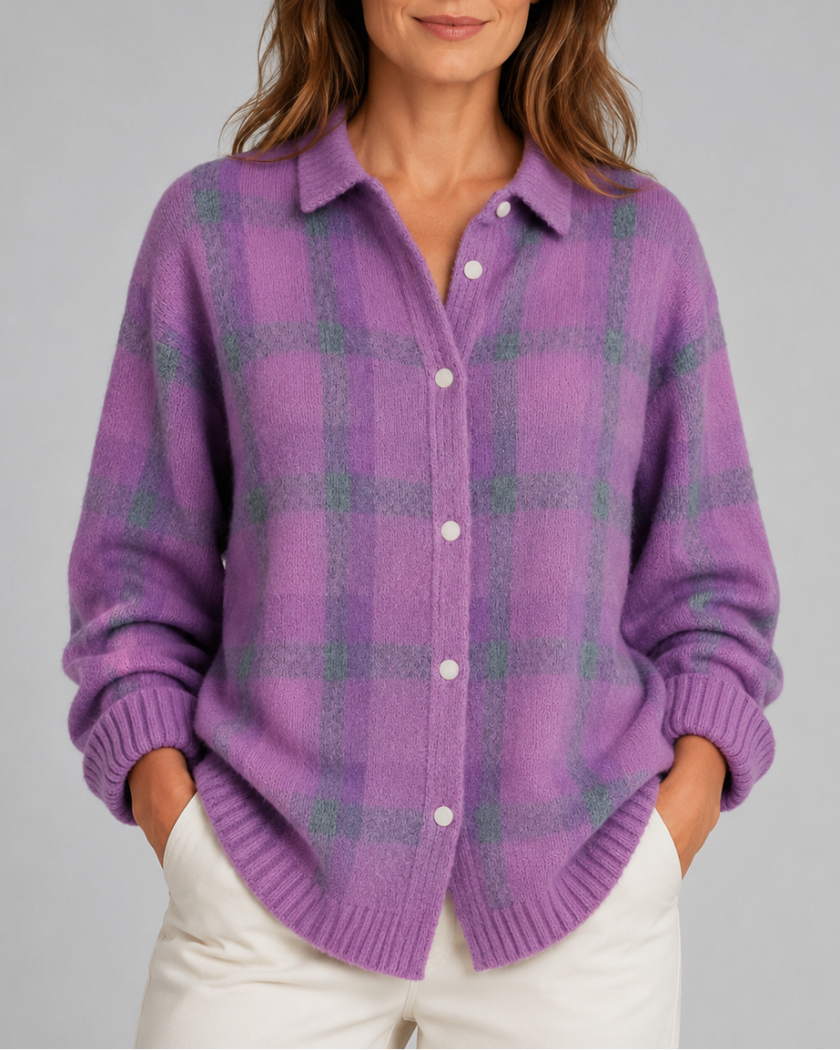 Women's Checked Knit Cardigan with Collar and Button Front