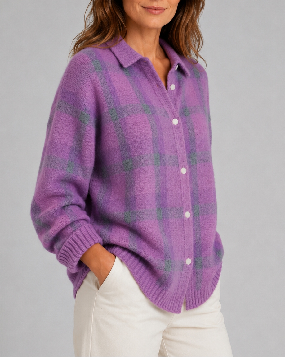 Women's Checked Knit Cardigan with Collar and Button Front