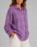 Women's Checked Knit Cardigan with Collar and Button Front
